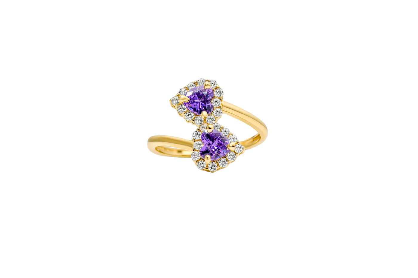 14KT Gold Ring Women's Two Purple Heart CZ Center Stones with White CZ Stones Border Plain Bypass Band