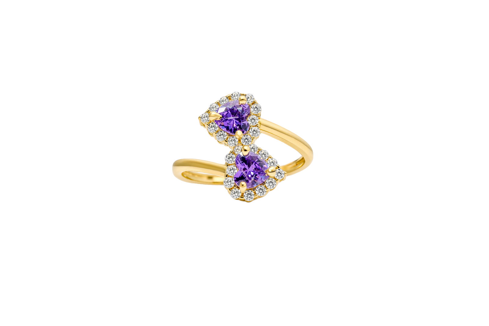 14KT Gold Ring Women's Two Purple Heart CZ Center Stones with White CZ Stones Border Plain Bypass Band