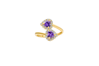 14KT Gold Ring Women's Two Purple Heart CZ Center Stones with White CZ Stones Border Plain Bypass Band