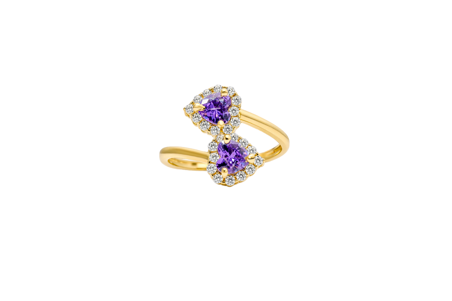 14KT Gold Ring Women's Two Purple Heart CZ Center Stones with White CZ Stones Border Plain Bypass Band