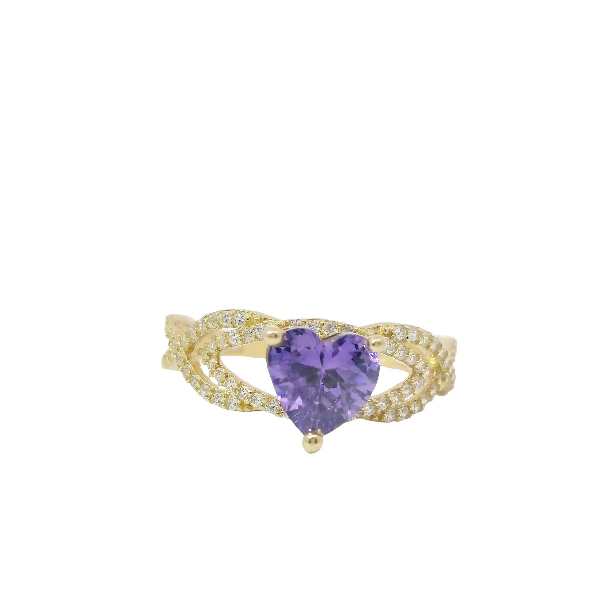 14KT Gold Ring Women's Purple Heart Shape Halo Center CZ Stone White CZ Stone Helix Open Band