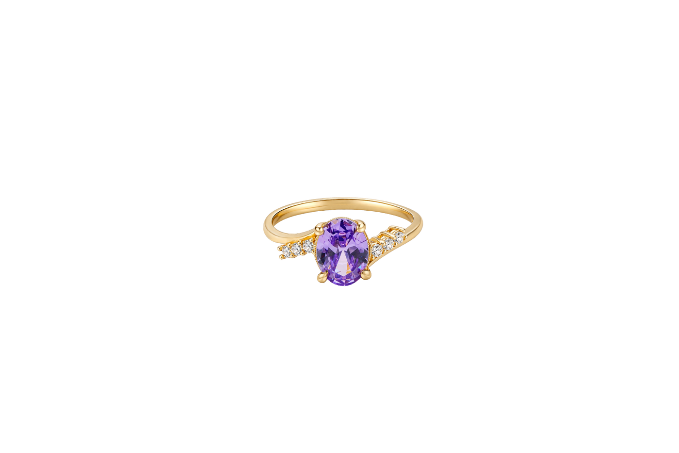 14KT Gold Ring Women's Purple Oval Center CZ Stone with 3 High/Low Round White CZ Stones Shoulders and Plain Band