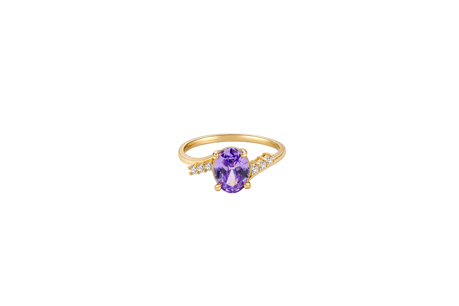 14KT Gold Ring Women's Purple Oval Center CZ Stone with 3 High/Low Round White CZ Stones Shoulders and Plain Band