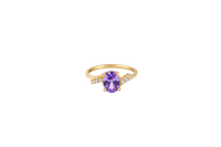 14KT Gold Ring Women's Purple Oval Center CZ Stone with 3 High/Low Round White CZ Stones Shoulders and Plain Band