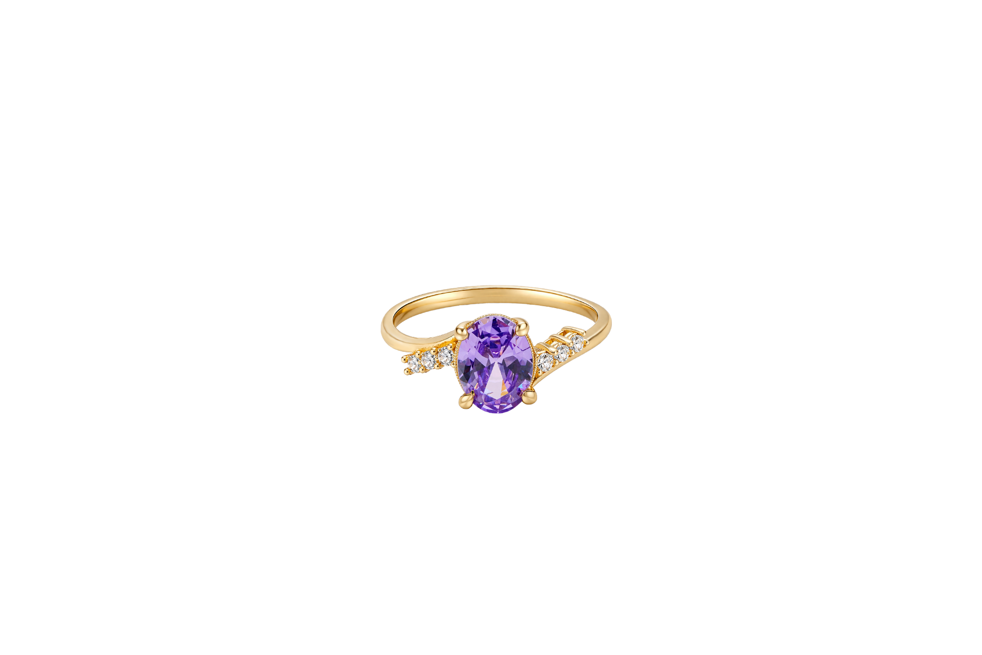14KT Gold Ring Women's Purple Oval Center CZ Stone with 3 High/Low Round White CZ Stones Shoulders and Plain Band