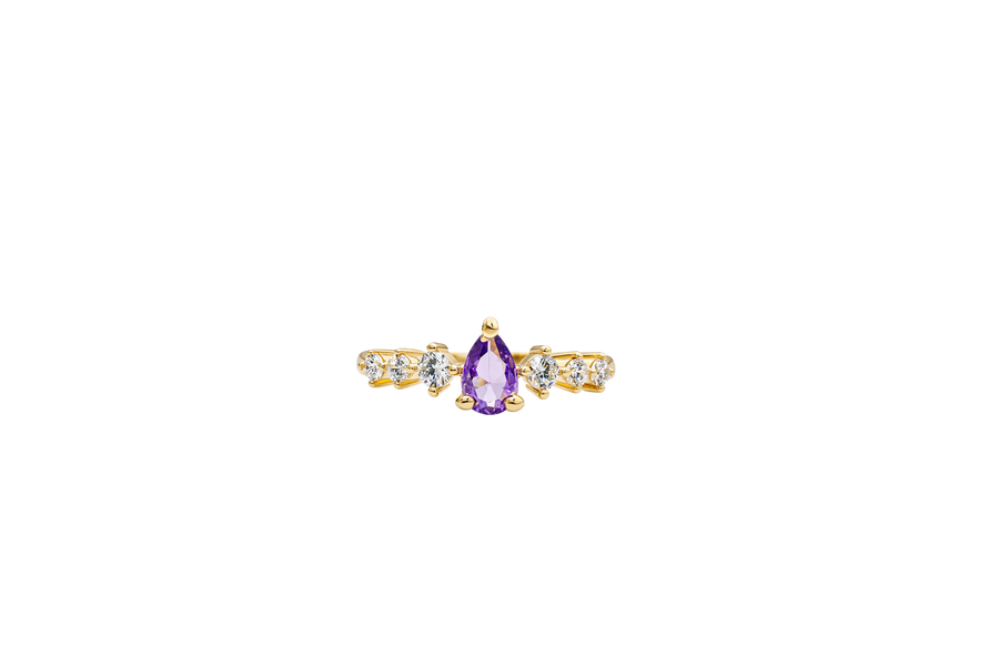 14KT Gold Ring Women's Purple Pear CZ Center 3 Round White CZ Stones Shoulders Plain Band