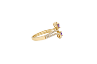 14KT Gold Ring Women's Two Purple Pear End Stones with White CZ Stones Border and White CZ Stones Split Bypass Band