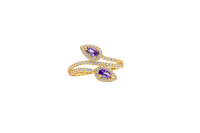 14KT Gold Ring Women's Two Purple Pear End Stones with White CZ Stones Border and White CZ Stones Split Bypass Band