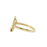 14KT Gold Ring Women's Quincenaera "15" Center Open Five Petal White CZ Stone Flower with Two Dark Pink Round CZ Stones Plain Band
