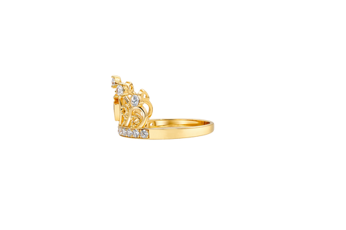 14KT Gold Ring Women's "15" Triple Puff Quincenaera Tiara Crown White CZ Stones Border and Plain Split Band