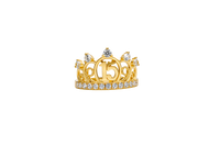 14KT Gold Ring Women's "15" Triple Puff Quincenaera Tiara Crown White CZ Stones Border and Plain Split Band