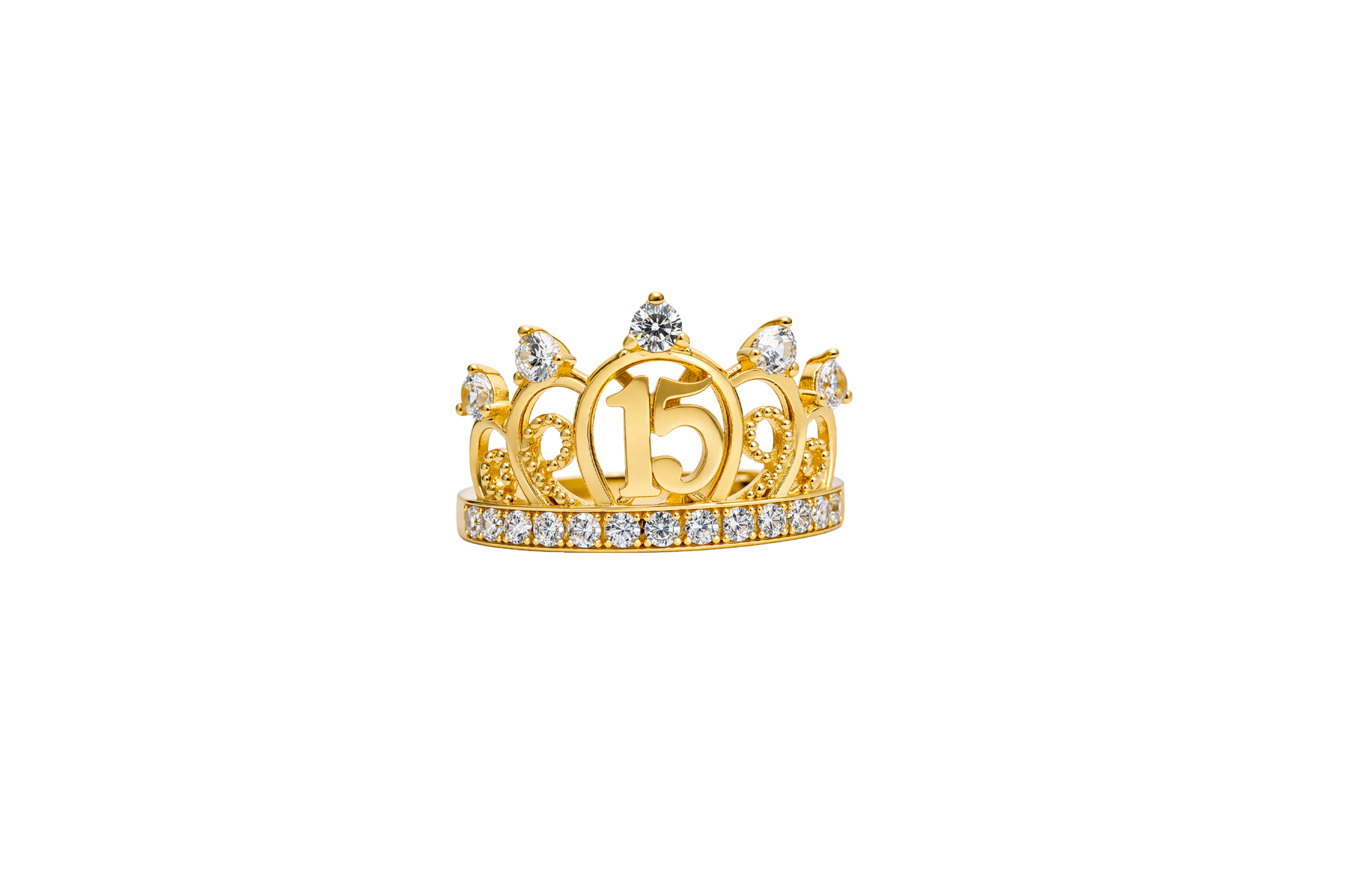 14KT Gold Ring Women's "15" Triple Puff Quincenaera Tiara Crown White CZ Stones Border and Plain Split Band