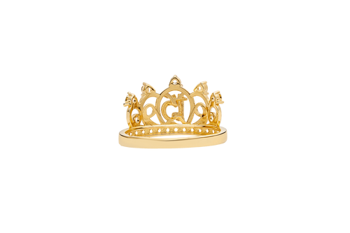 14KT Gold Ring Women's "15" Triple Puff Quincenaera Tiara Crown White CZ Stones Border and Plain Split Band