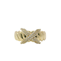 14KT Gold Ring Women's Raised White CZ Stones X Center and Plain Ribbed Band