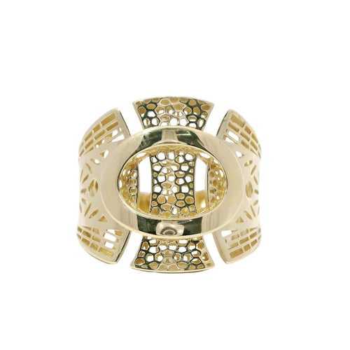 14KT Gold Ring Women's Abstract Raised Oval Three Section Split Band Art Deco Lattice Cutouts Band