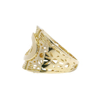 14KT Gold Ring Women's Abstract Raised Oval Three Section Split Band Art Deco Lattice Cutouts Band