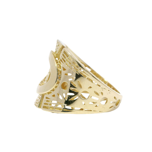 14KT Gold Ring Women's Abstract Raised Oval Three Section Split Band Art Deco Lattice Cutouts Band