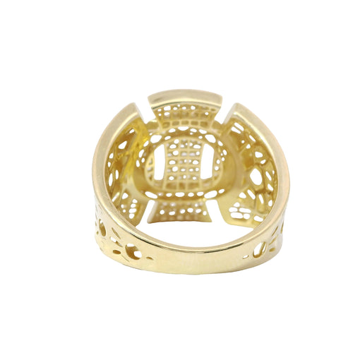 14KT Gold Ring Women's Abstract Raised Oval Three Section Split Band Art Deco Lattice Cutouts Band