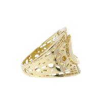 14KT Gold Ring Women's Abstract Raised Oval Three Section Split Band Art Deco Lattice Cutouts Band