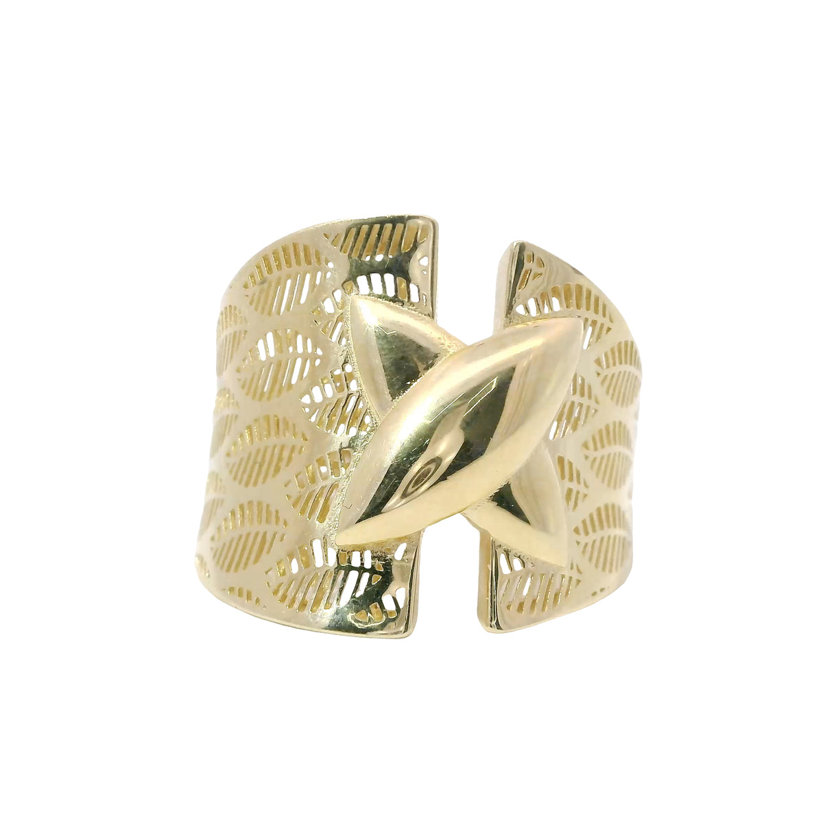 14KT Gold Ring Women's Abstract Raised Puff "X" Split Band Leaf Cutout Lattice Band