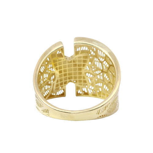 14KT Gold Ring Women's Abstract Raised Puff "X" Split Band Leaf Cutout Lattice Band