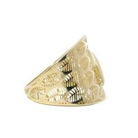 14KT Gold Ring Women's Abstract Raised Puff "X" Split Band Leaf Cutout Lattice Band