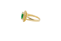 14KT Gold Ring Women's Rectangle Dark Green CZ Center with Round Double White CZ Stones Border and Plain Split Band