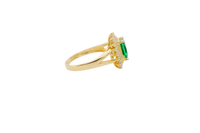 14KT Gold Ring Women's Rectangle Dark Green CZ Center with Round Double White CZ Stones Border and Plain Split Band