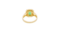 14KT Gold Ring Women's Rectangle Dark Green CZ Center with Round Double White CZ Stones Border and Plain Split Band
