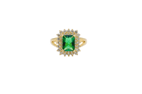 14KT Gold Ring Women's Rectangle Dark Green CZ Center with Round Double White CZ Stones Border and Plain Split Band