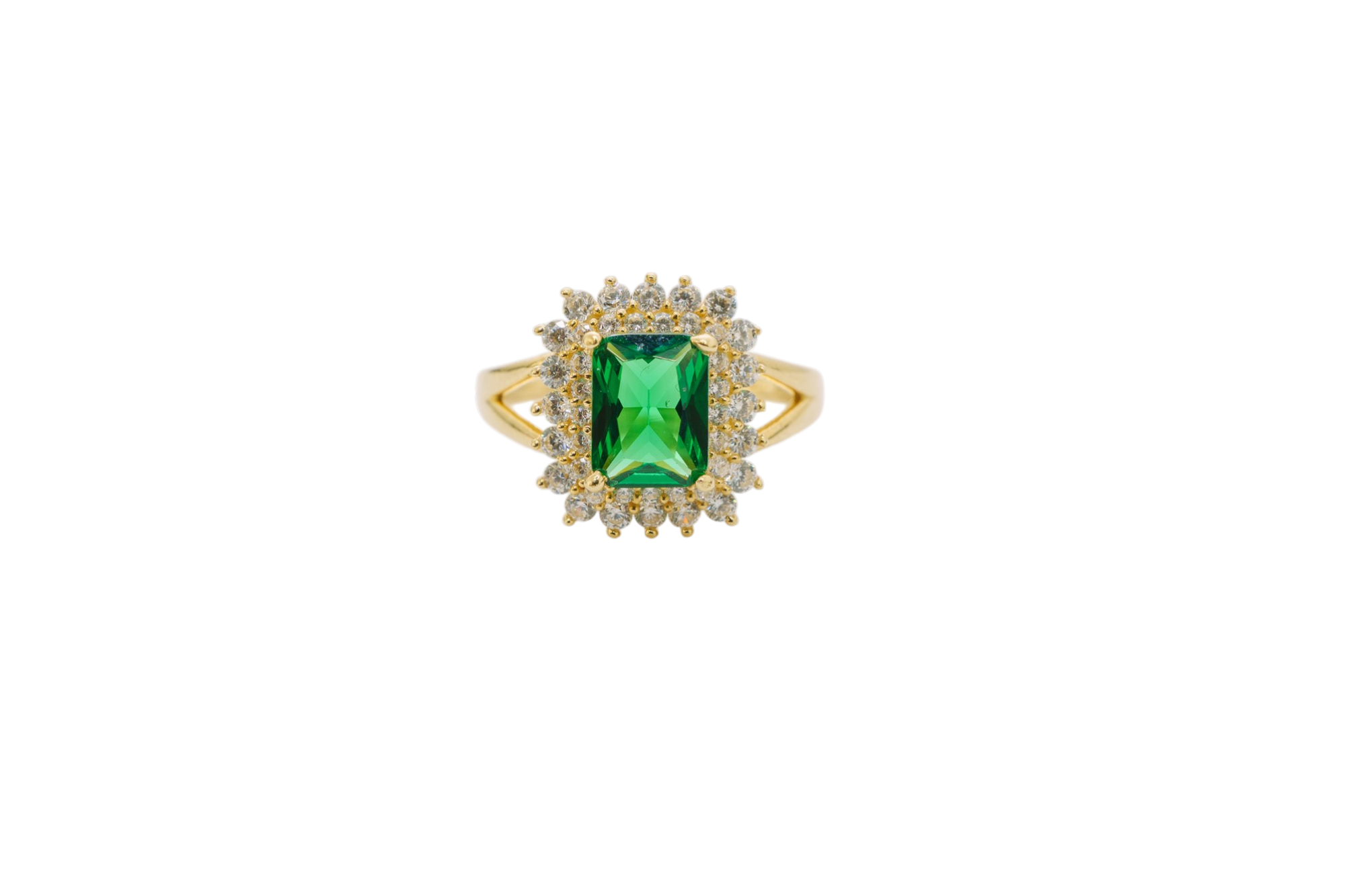 14KT Gold Ring Women's Rectangle Dark Green CZ Center with Round Double White CZ Stones Border and Plain Split Band