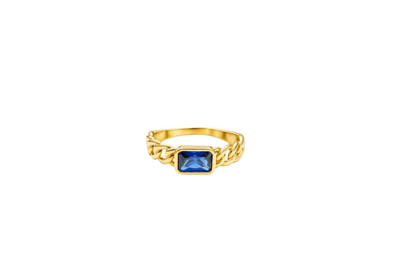 14KT Gold Ring Women's Rectangle Navy Blue Center CZ with Plain Border and Cuban Link Band