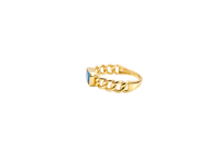 14KT Gold Ring Women's Rectangle Navy Blue Center CZ with Plain Border and Cuban Link Band