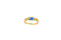 14KT Gold Ring Women's Rectangle Navy Blue Center CZ with Plain Border and Cuban Link Band