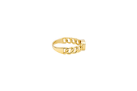 14KT Gold Ring Women's Rectangle Navy Blue Center CZ with Plain Border and Cuban Link Band
