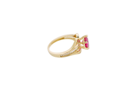 14KT Gold Ring Women's Red Round 6 Prong Center CZ with White Baguette CZ Band and Plain Lips Border