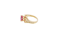 14KT Gold Ring Women's Red Round 6 Prong Center CZ with White Baguette CZ Band and Plain Lips Border