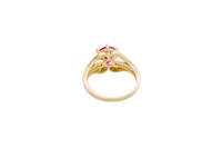 14KT Gold Ring Women's Red Round 6 Prong Center CZ with White Baguette CZ Band and Plain Lips Border