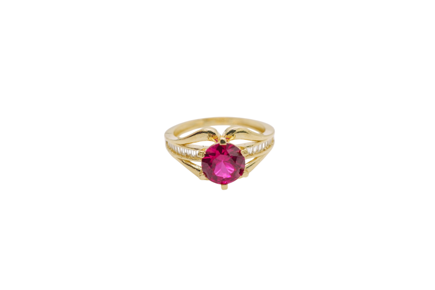 14KT Gold Ring Women's Red Round 6 Prong Center CZ with White Baguette CZ Band and Plain Lips Border