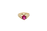 14KT Gold Ring Women's Red Round 6 Prong Center CZ with White Baguette CZ Band and Plain Lips Border