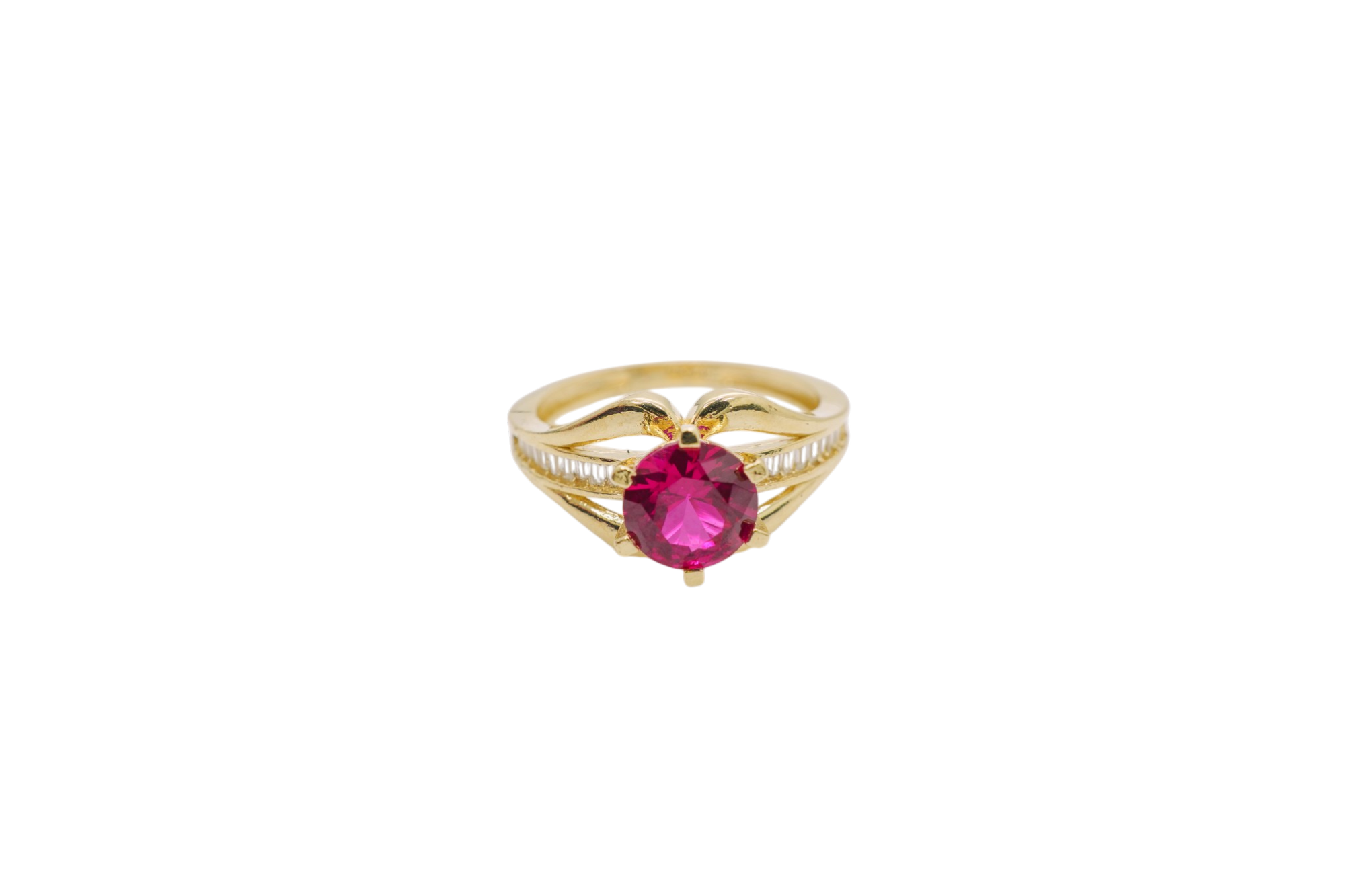 14KT Gold Ring Women's Red Round 6 Prong Center CZ with White Baguette CZ Band and Plain Lips Border