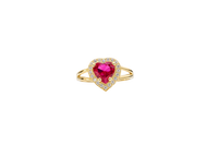 14KT Gold Ring Women's Red Heart Shape Center CZ Stone with White CZ Stone Border and Plain Heart Shape Outer Border Plain Split Band
