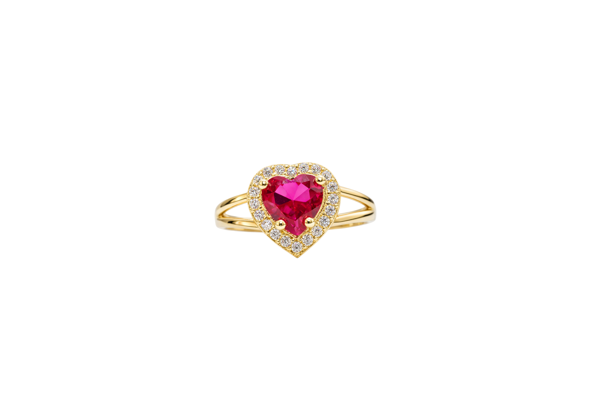 14KT Gold Ring Women's Red Heart Shape Center CZ Stone with White CZ Stone Border and Plain Heart Shape Outer Border Plain Split Band