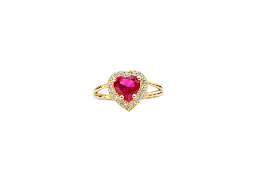 14KT Gold Ring Women's Red Heart Shape Center CZ Stone with White CZ Stone Border and Plain Heart Shape Outer Border Plain Split Band