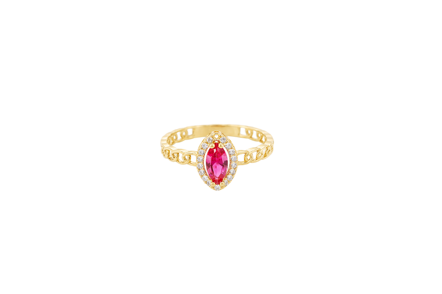 14KT Gold Ring Women's Marquise Red Center Stone with White CZ Stone Border Chino Band