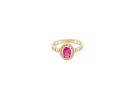 14KT Gold Ring Women's Oval Red Stone with White CZ Stone Border Chino Band