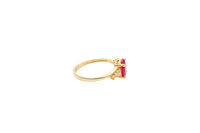 14KT Gold Ring Women's Red Oval Center CZ Stone with 3 High/Low Round White CZ Stones Shoulders and Plain Band