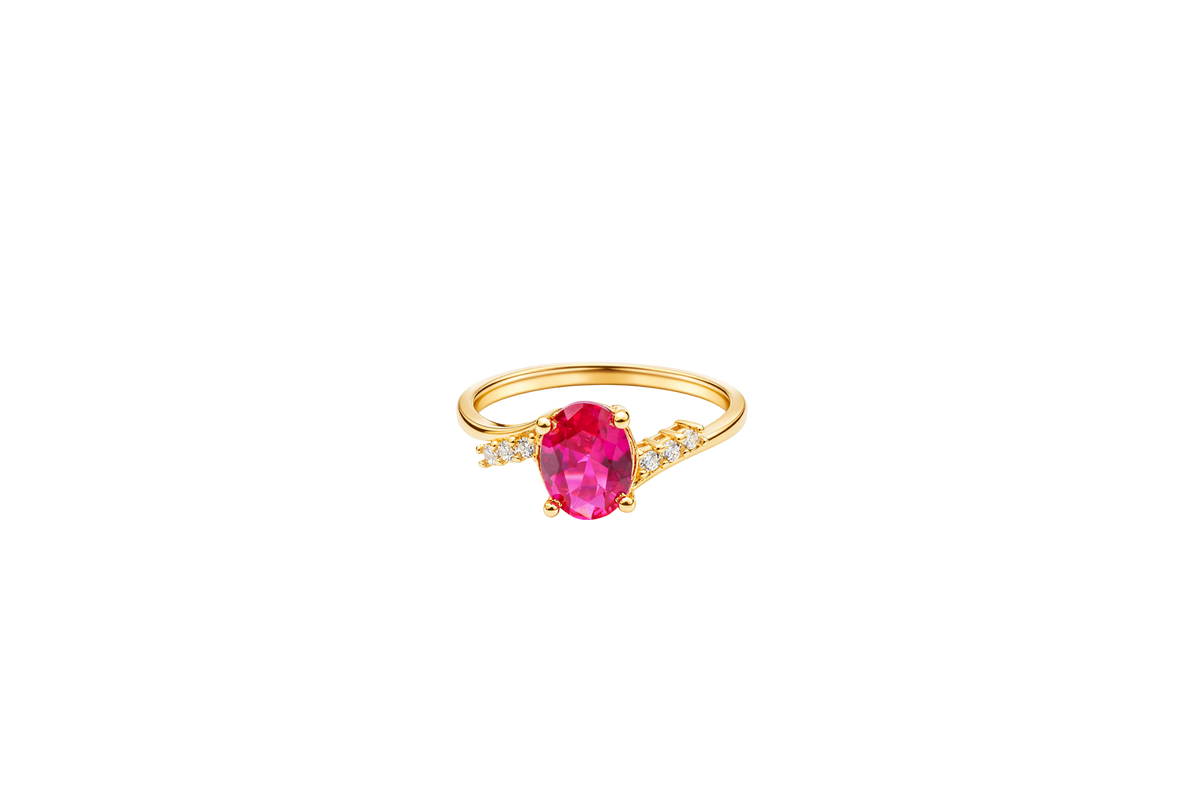14KT Gold Ring Women's Red Oval Center CZ Stone with 3 High/Low Round White CZ Stones Shoulders and Plain Band