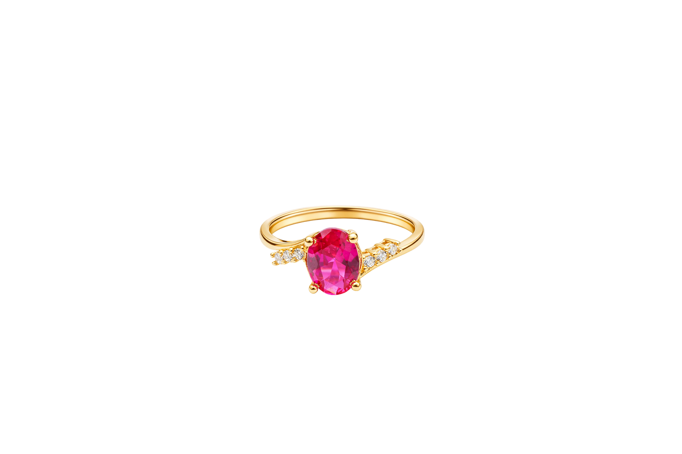 14KT Gold Ring Women's Red Oval Center CZ Stone with 3 High/Low Round White CZ Stones Shoulders and Plain Band