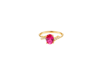14KT Gold Ring Women's Red Oval Center CZ Stone with 3 High/Low Round White CZ Stones Shoulders and Plain Band